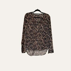 Express Floral Zip Front Blouse Medium Sheer Boho Roll Tab Sleeve Top